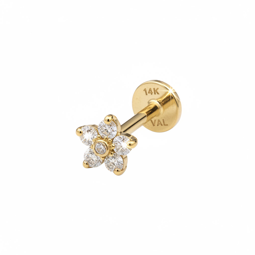 עגיל זהב 14K בודד הליקס/טרגוס הברגה עובי 1.2 ממ פרח 5 ממ זהב צהוב
